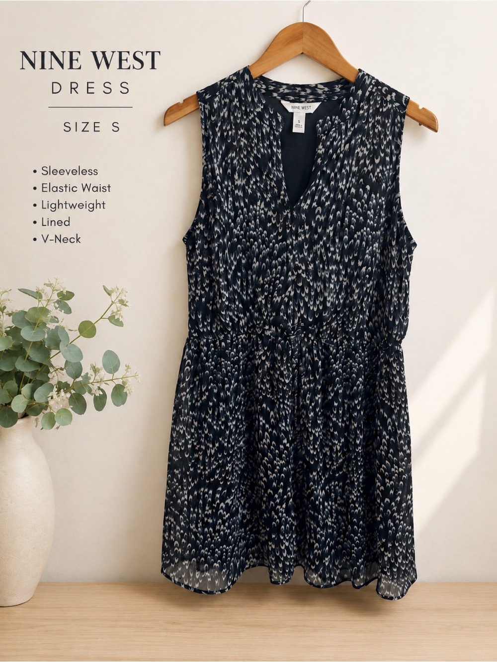 Nine West Navy and White Printed Sleeveless V‑Neck Mini Dress